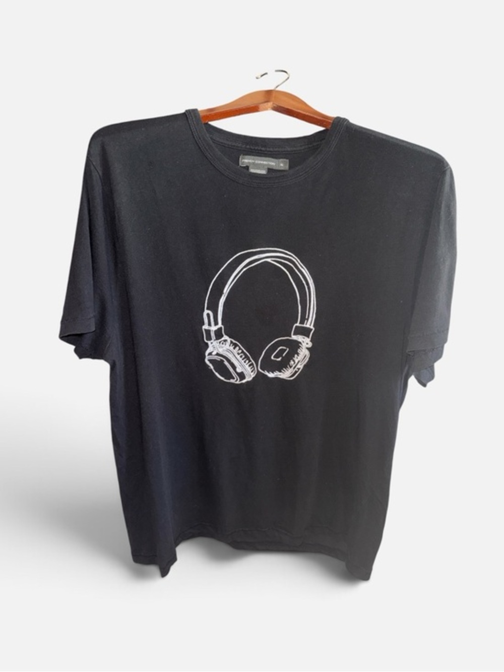 French Connection Black Tee with White Headphones Embroidered Graphic T-Shirt